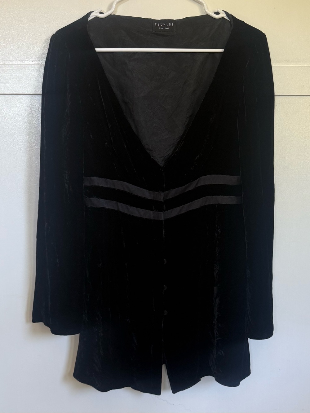 YEOHLEE New York Black Velvet V-Neck Mini Dress Tunic Satin Trim Avant Garde VTG